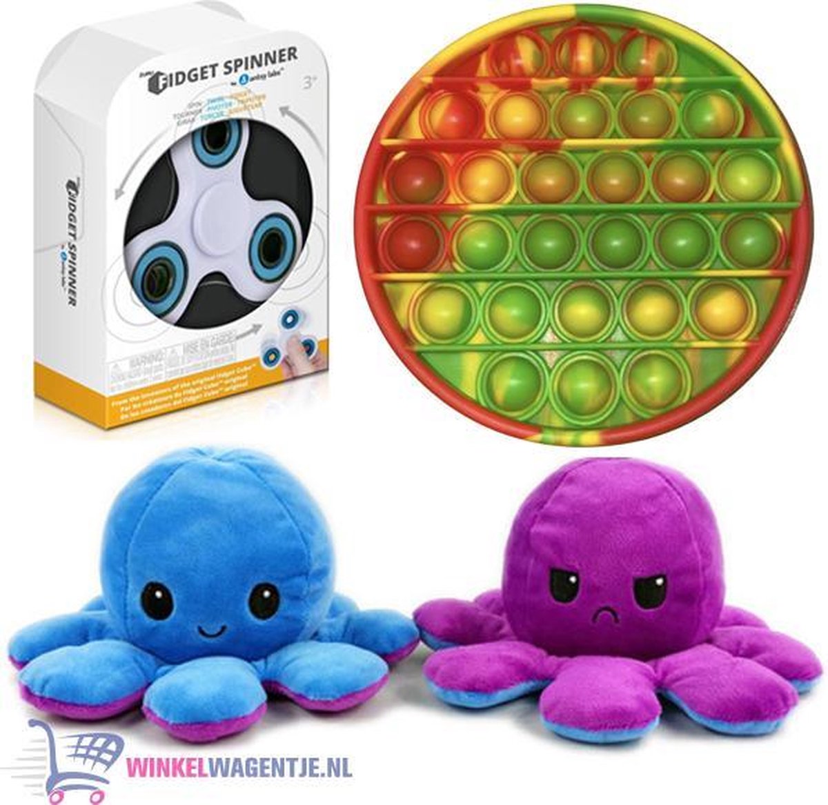 Pop It Fidget Toy (Rood/Groen/Geel) + Luxe Fidget Spinner + Octopus Mood Knuffel (Paars/Blauw) | pop it fidget toy goedkoop, fidget toy, fidget toys pakket, fidget toys pop it, fidget toys stressbal, speelgoed voor kinderen, TikTok